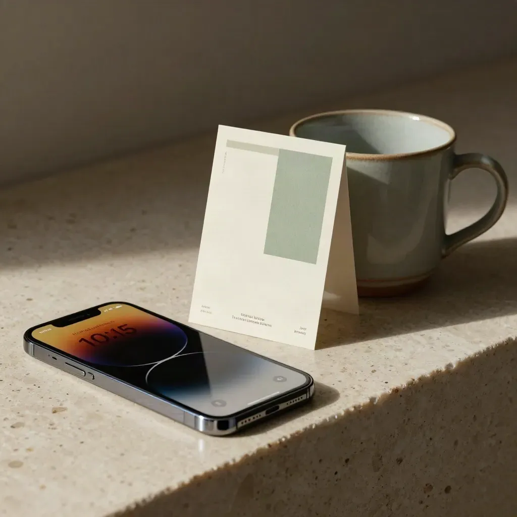Smartphone met zachte melding, klein kaartmockup en sagekleurige mok op travertin