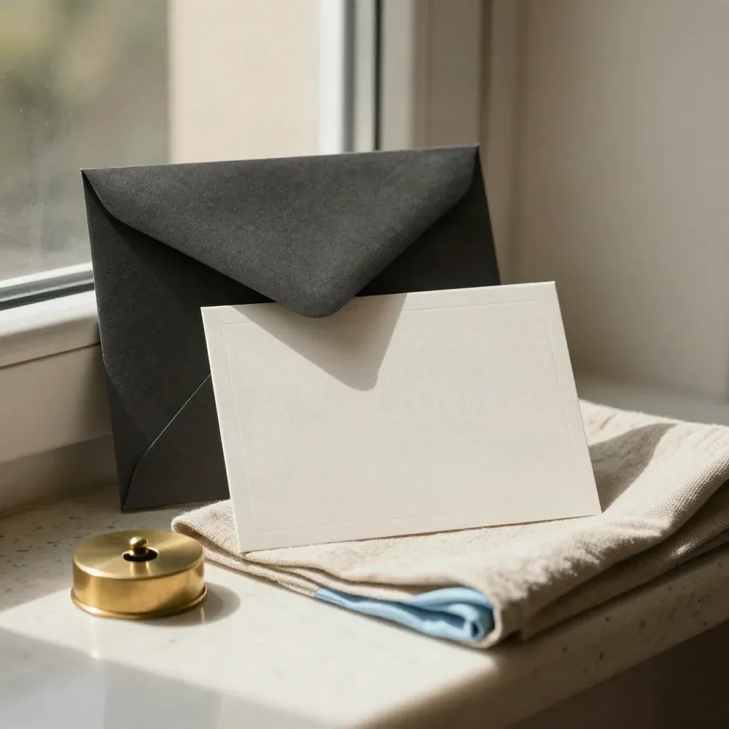 Zakelijke kaartset met charcoal envelop, messing paperweight en linnen op een travertin vensterbank.