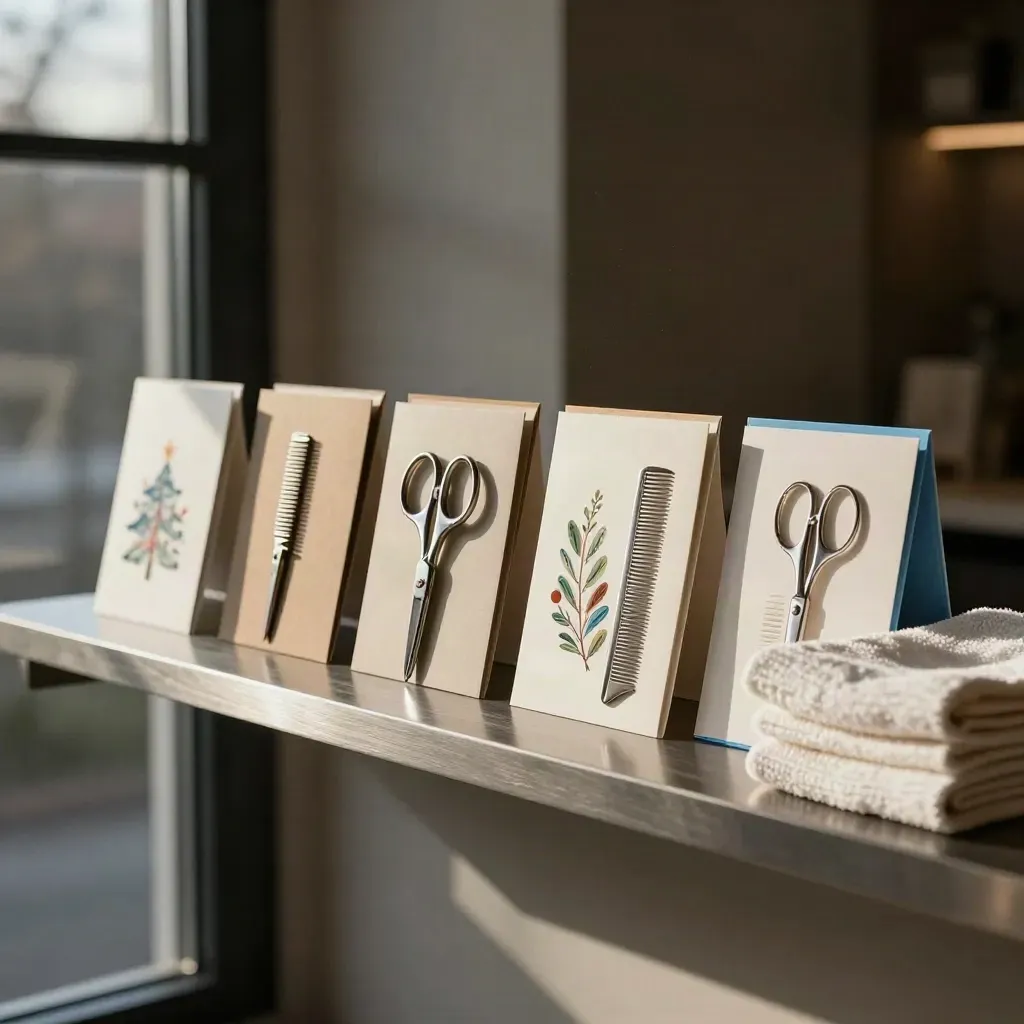 Vierkante foto van zes kerstkaarten op een salonvensterbank met schaar, kammen en handdoeken.