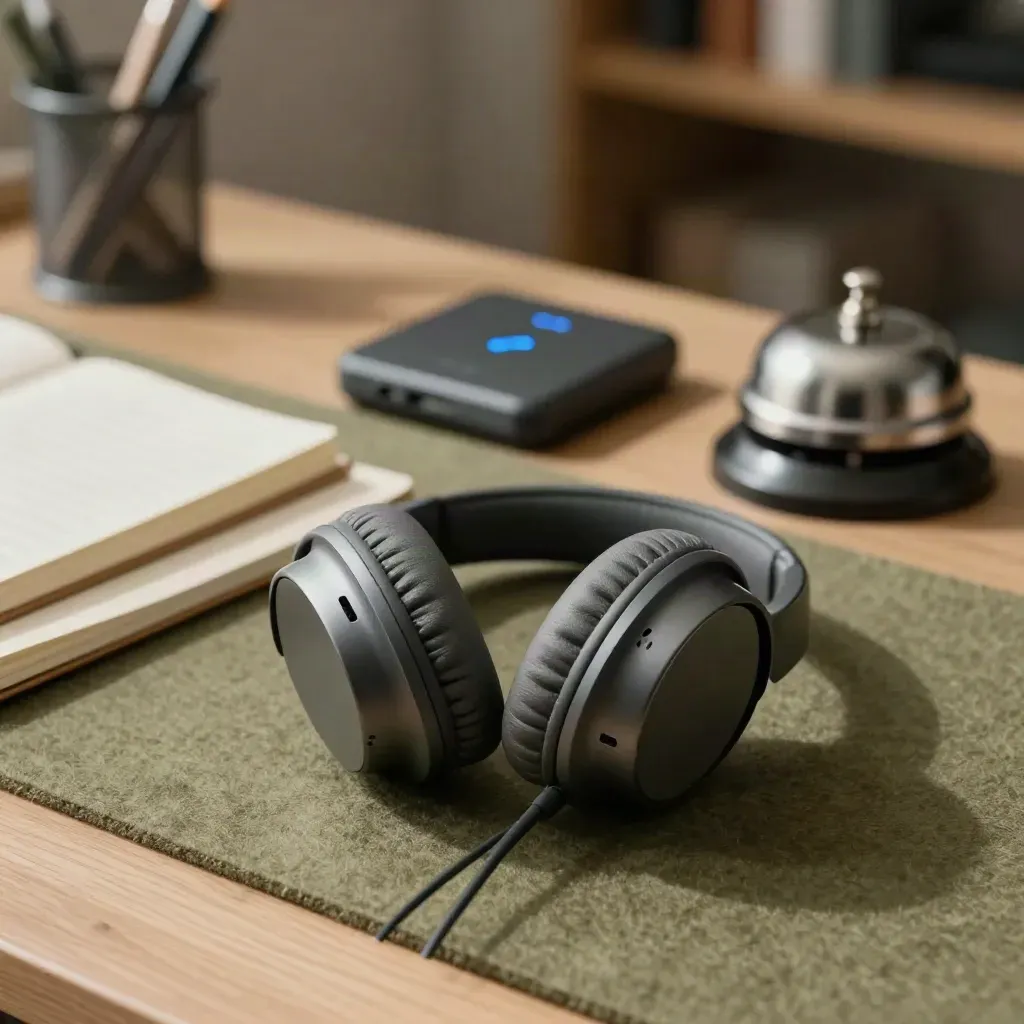 Close-up van headset, telefoondock, notitieboek en bel op een khaki werkplek.