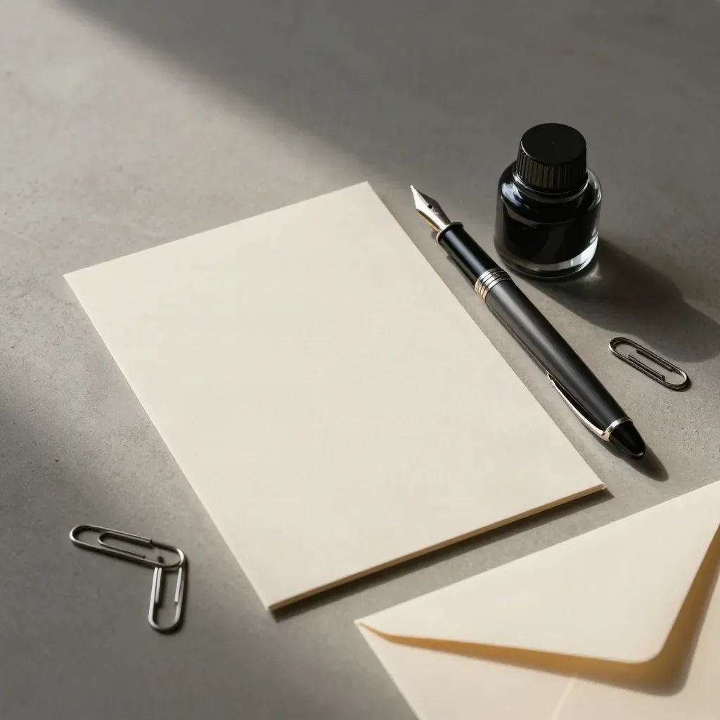 Bovenaanzicht van een blanco kaart, vulpen, inktflesje, paperclips en envelop op licht beton.