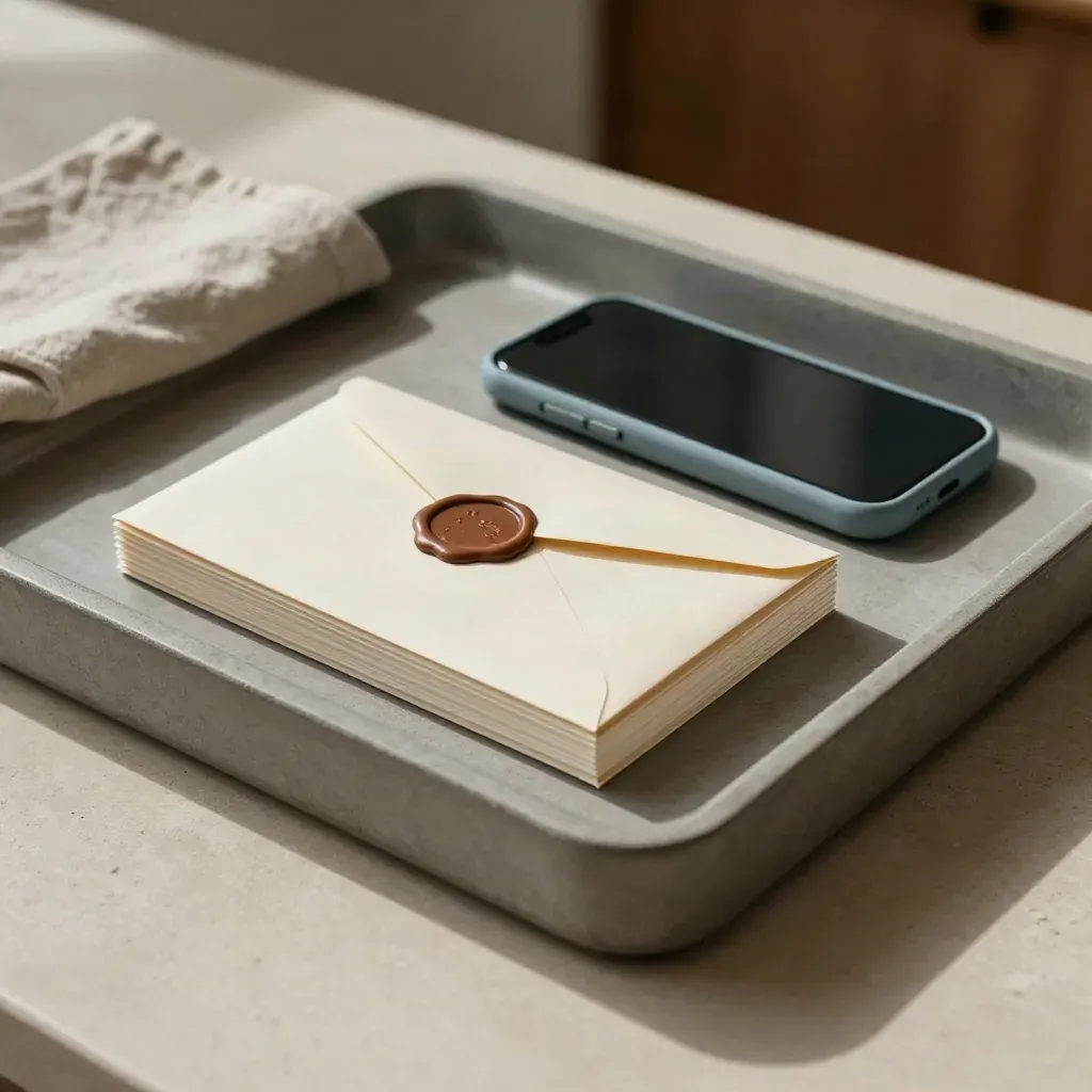 Kaartenstapel, envelop en telefoon in printerbak op betonnen tray