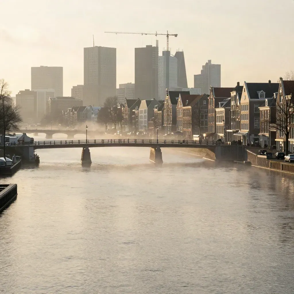 Mistige Randstad bij zonsopkomst met water, lage bruggen en skyline van Amsterdam