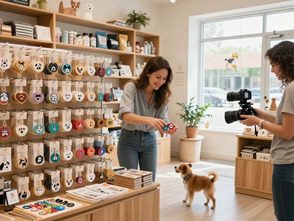 Gepersonaliseerde hondenpenning uitstraling in gezellige dierenwinkel met vrolijke hond.